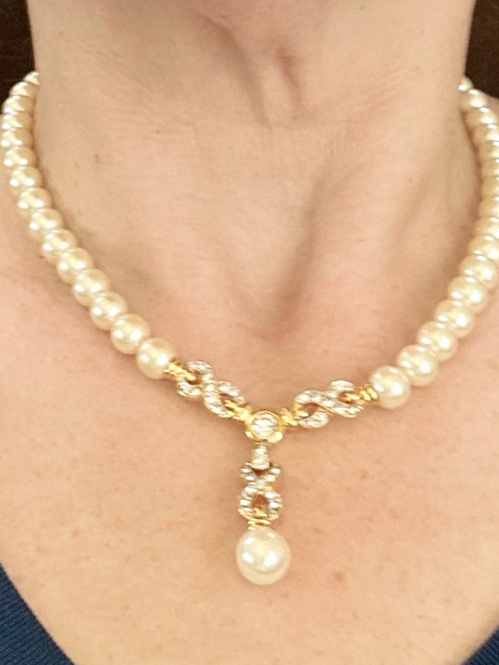 Faux Pearl Y-Necklace Gold Tone Rhinestone Bridal Wedding Prom